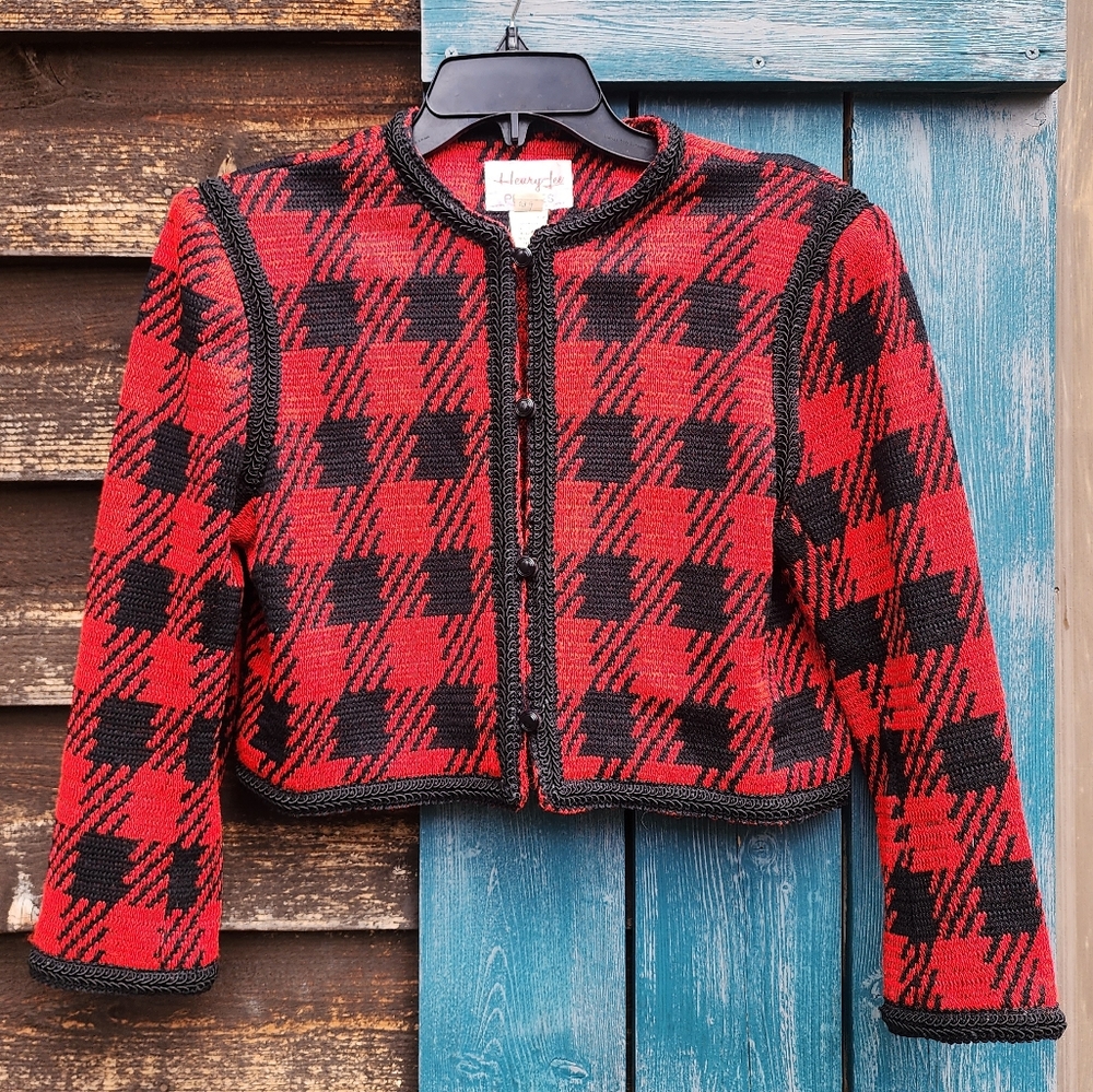 VTG Henry Lee Womens Crop Houndstooth Plaid Red Black Petite 8 Bolero